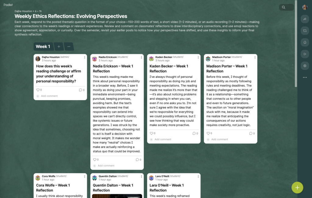 Padlet in Grid format with weekly sections showing student reflections on an ethics reading.